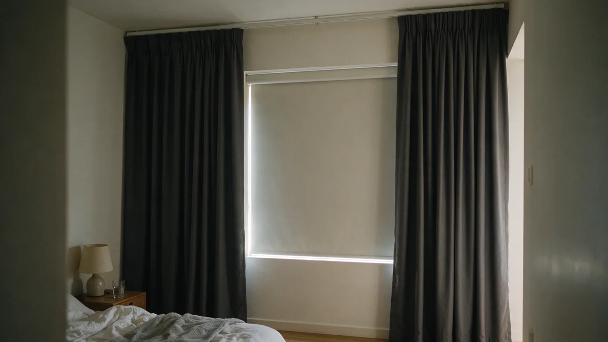 A dim bedroom with a lowered white blackout roller blind letting thin lines of daylight in at its left edge and along the bottom, between floor-length charcoal curtains drawn back to each side