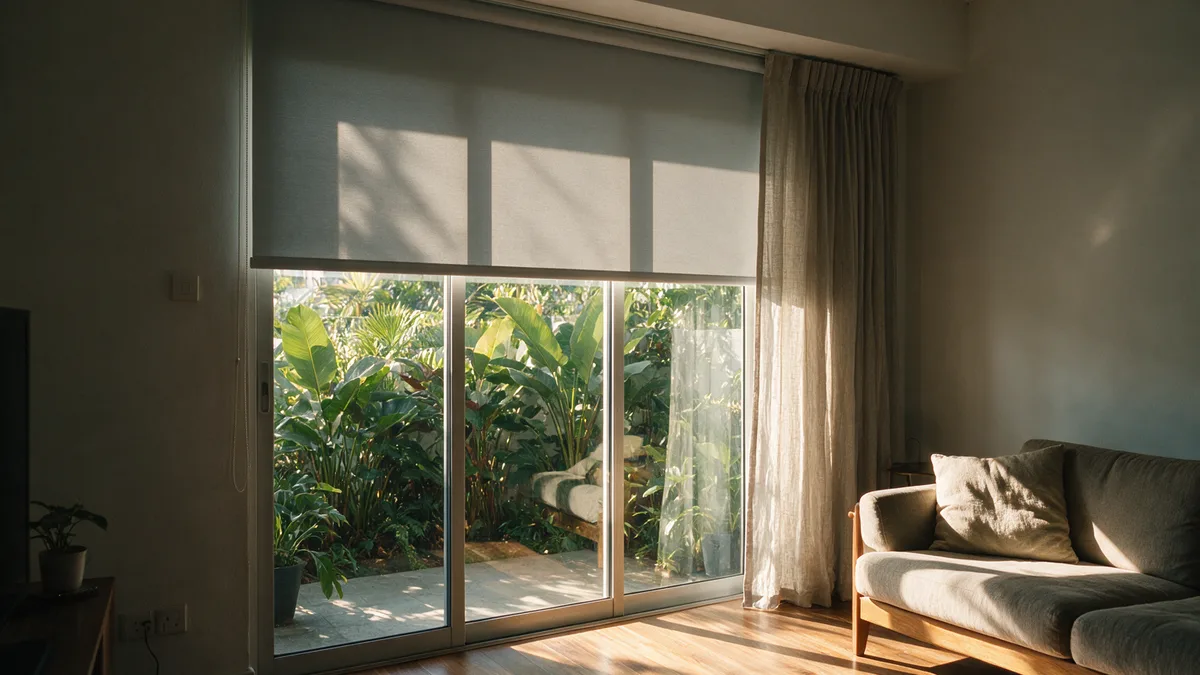 A living room with a light grey roller blind lowered halfway over a sliding glass door and a linen curtain beside it, in strong afternoon sun