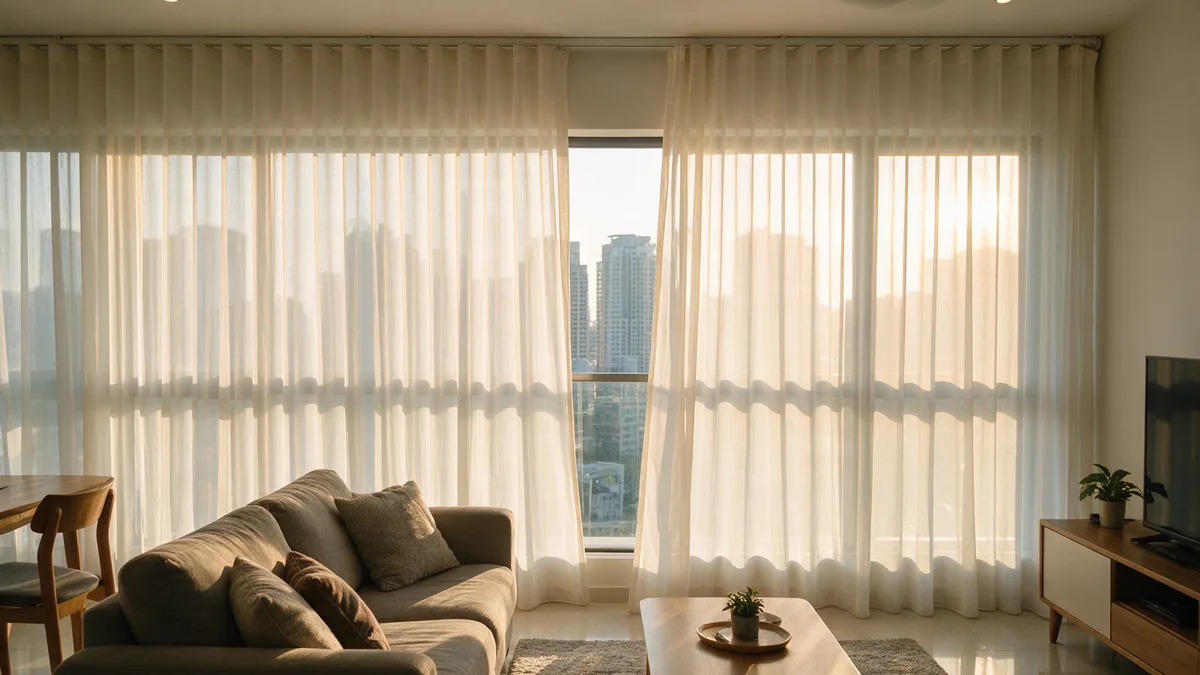 A high-rise living room with full-height ivory wave sheer curtains on a slim ceiling track, in late afternoon sun