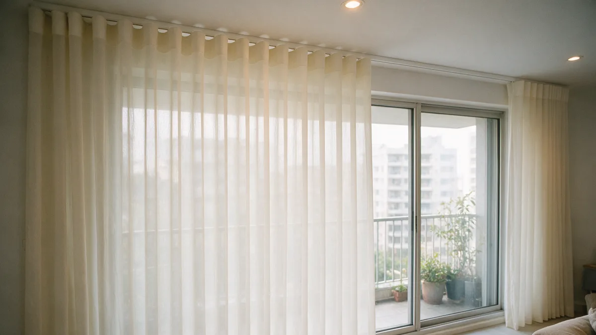A condominium living room with an ivory sheer wave curtain on a ceiling track, half drawn across a sliding glass door to a balcony