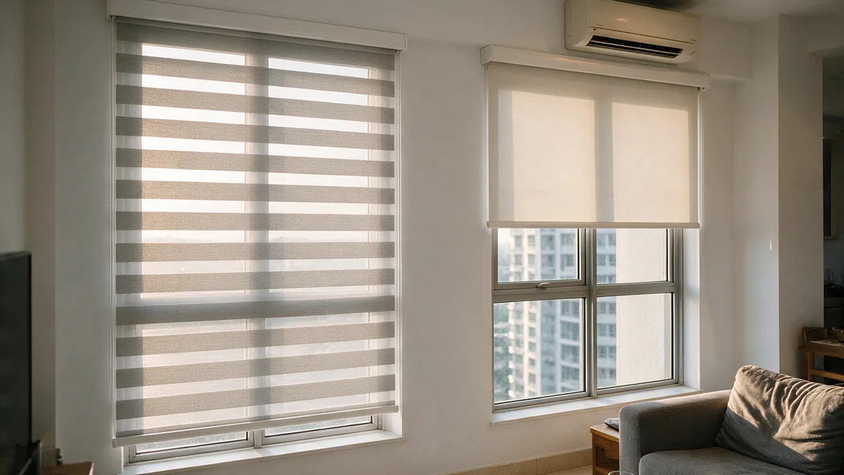 A condo living room with a light grey zebra blind lowered over one window and a plain off-white roller blind half down over the next, with a residential tower outside