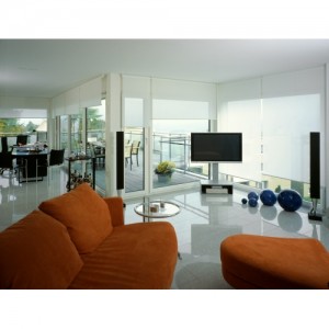 living room interior with roller blinds