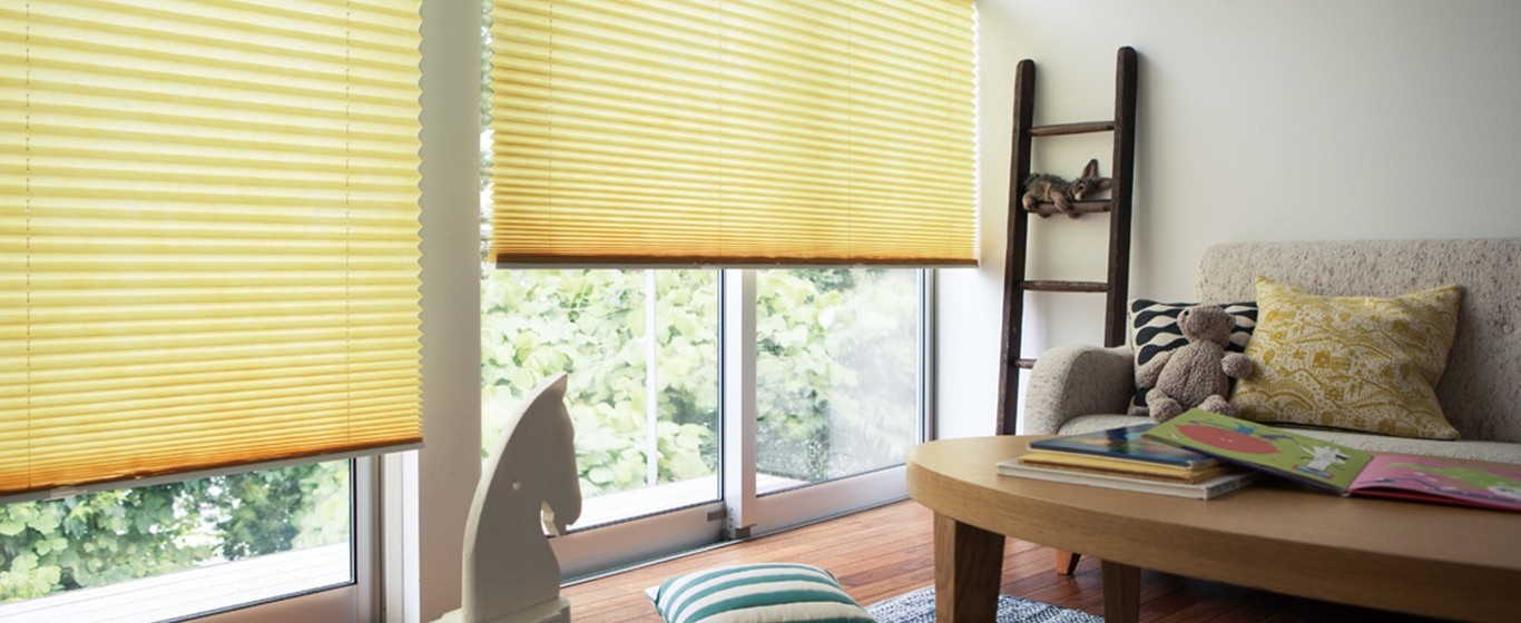 living room with pleated window blinds